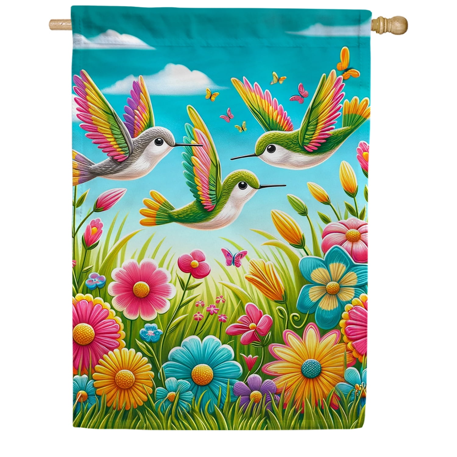 America Forever Hummingbird Spring House Flag 28 x 40 inch Double Sided Hummingbirds Colorful Flowers Butterflies Spring Seasonal Outdoor Yard Decorative Flag