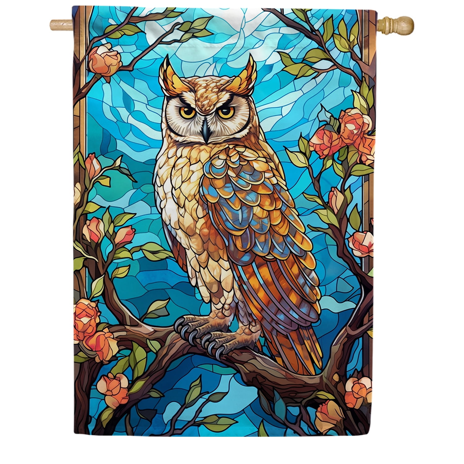 America Forever Impressive Owl House Flag, 28 x 40 inch Double Sided, Stained Glass Owl Rose, Majestic Bird Wildlife Outdoor Decorative Flag