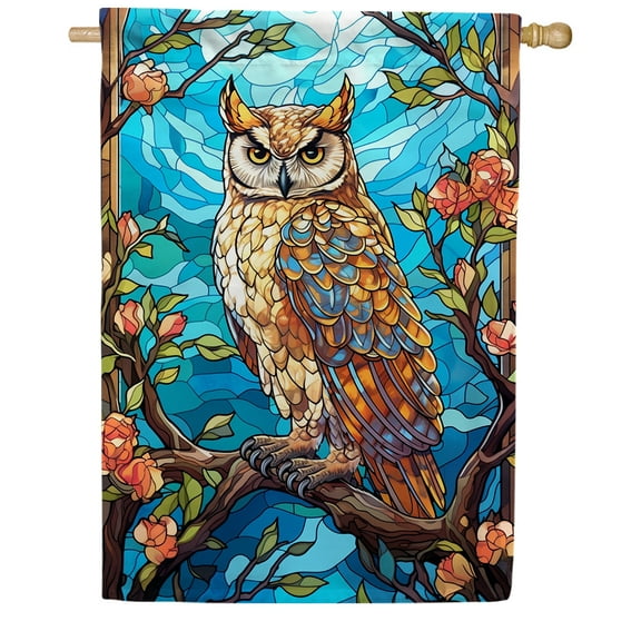 America Forever Impressive Owl House Flag, 28 x 40 inch Double Sided, Stained Glass Owl Rose, Majestic Bird Wildlife Outdoor Decorative Flag