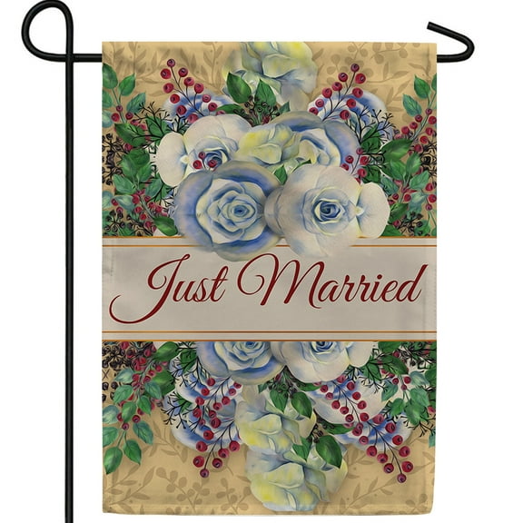 America Forever Just Married Garden Flag, 12.5 x 18 inch Double Sided, Wedding Celebration Flag, Blue Rose Design, Marriage Announcement, Newlywed Yard Decor