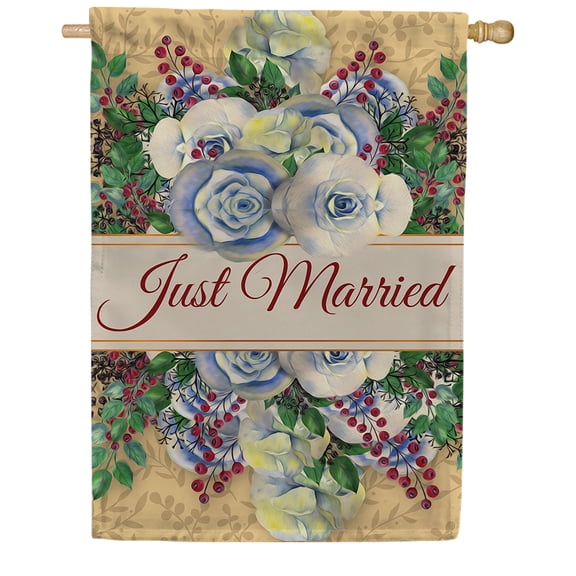 America Forever Just Married House Flag, 28 x 40 inch Double Sided, Wedding Romance Banner, Floral Love Celebration Outdoor Decor, Newlywed Couple Yard Flag