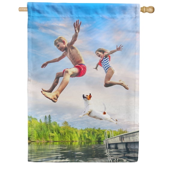 America Forever Kids at the Lake with Dog House Flag 28 x 40 inches Fun Summer Pool Time Kids Dog Sunny Day Double Sided Seasonal Yard Outdoor Decorative Pool Party House Flag