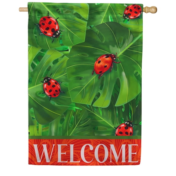 America Forever Lady Beetles House Flag, 28 x 40 inch Double Sided, Welcome Ladybug Green Leaves, Spring Summer Outdoor Decorative Flag