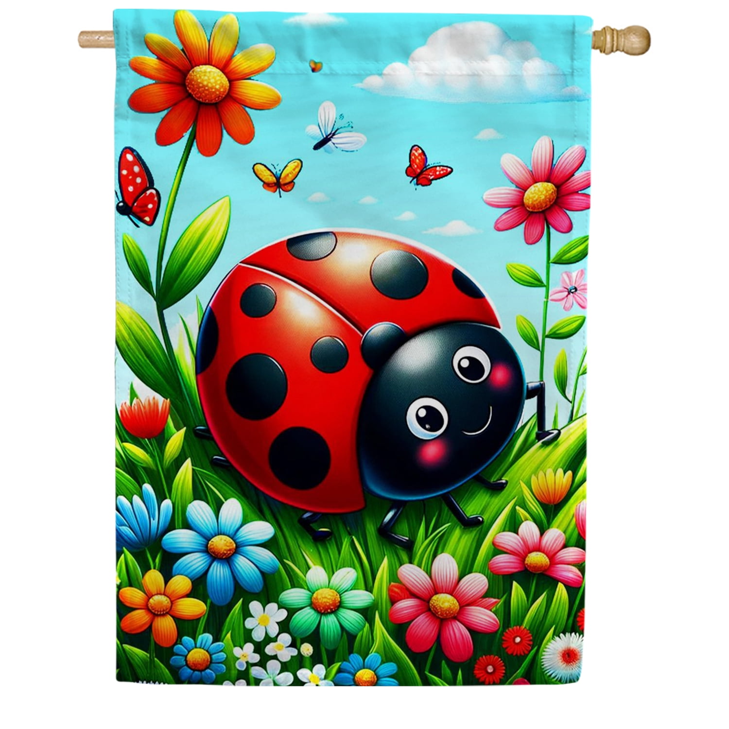 America Forever Ladybug Butterfly House Flag 28 x 40 inch Double Sided Cute Ladybug Wildflower Butterfly Spring Summer Seasonal Outdoor Yard Decorative Flag