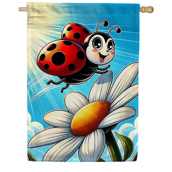 America Forever Ladybug on Daisy House Flag, 28 x 40 inch Double Sided, Cute Ladybug Daisy Flag, Happy Garden Bug Decor, Spring Summer Kids Yard Flag