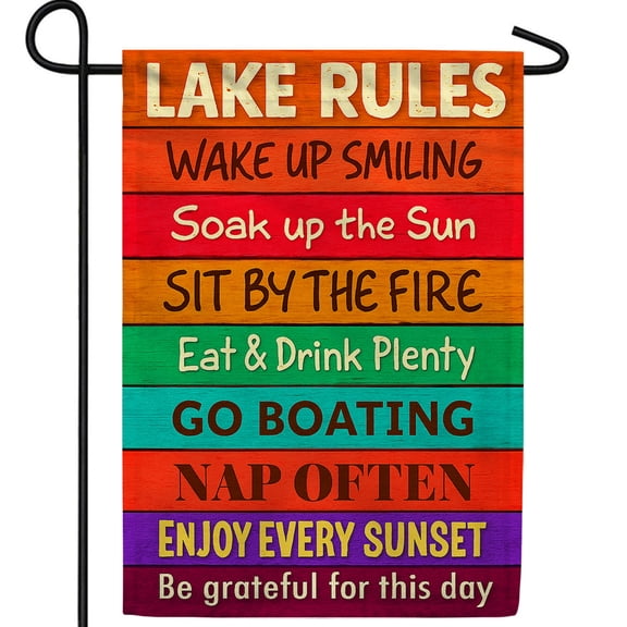 America Forever Lake Rules Garden Flag, 12.5 x 18 inch Double Sided, Colorful Wood Sign, Lake House Decor, Summer Boating Flag, Lakeside Vacation Outdoor Yard Flag