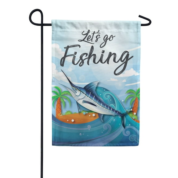 America Forever Let's Go Fishing Summer Garden Flag 12.5 x 18 inches Blue Marlin Fish Out of Sea Paradise Island Palm Tree Tropical Coastal Double Sided Seasonal Yard Outdoor Decorative Flag