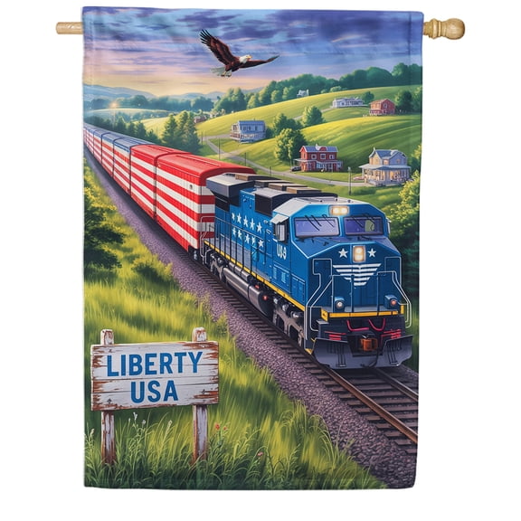 America Forever Liberty USA Train House Flag, 28 x 40 inch Double Sided, Patriotic Train Eagle, Americana Countryside, Red White Blue Train Bald Eagle