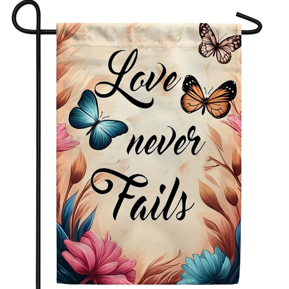 America Forever Love Never Fails Garden Flag, 12.5 x 18 inch Double Sided, Butterfly Tropical Floral Inspirational Motivational Quote Feathers Outdoor Decor