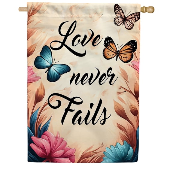 America Forever Love Never Fails House Flag, 28 x 40 inch Double Sided, Butterfly Tropical Floral Inspirational Motivational Quote Feathers Outdoor Decor