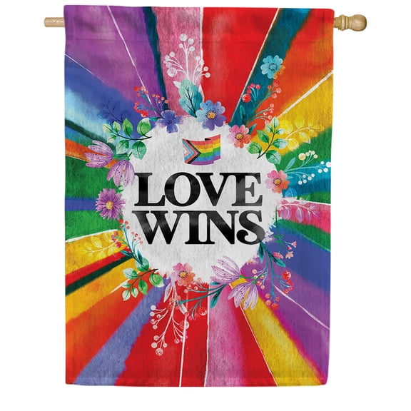 America Forever Love Wins House Flag, 28 x 40 inch Double Sided, Rainbow Starburst Banner, LGBTQ Celebration Decoration, Floral Equality Outdoor Decor, Pride Yard Flag