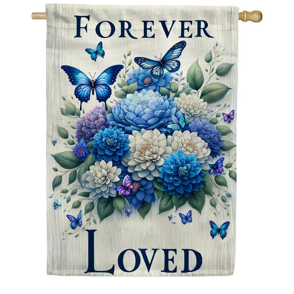 America Forever Forever Loved House Flag, 28 x 40 inches Double Sided, Blue Flowers Funeral Gifts Memorial Flags Remembrance Bereavement Sympathy Decorations for Grave Outdoor Saying Cemetery Flag