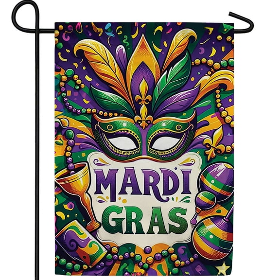 America Forever Mardi Gras Festivities Garden Flag, 12.5 x 18 inch Double Sided, Carnival Mask Banner, Party Confetti Beads Decorations, Celebration Yard Flag