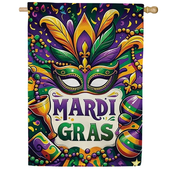 America Forever Mardi Gras Festivities Mask Feathers Double Sided House Flag 28 x 40 inch Masquerade Beads Confetti Carnival Holiday Decorative Yard Outdoor Banner