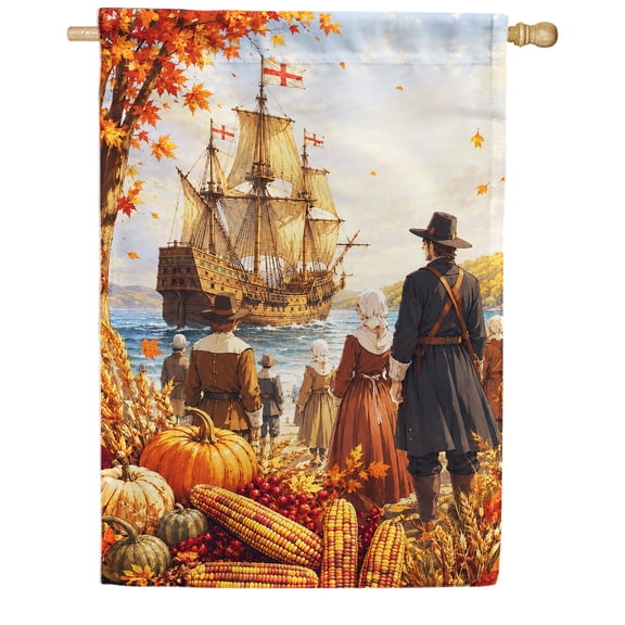 America Forever Mayflower Pilgrims Thanksgiving House Flag, 28 x 40 inch Double Sided, Pilgrim Ship Fall Harvest, Autumn Pumpkin Corn Seasonal Outdoor Decor