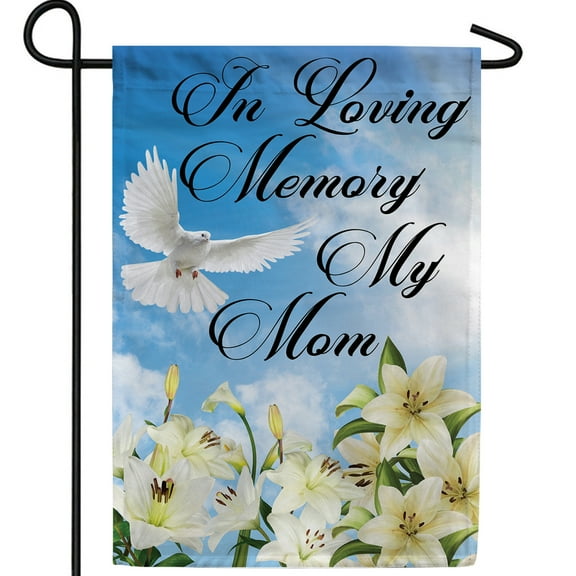 America Forever in Memory of Mom Garden Flag, 12.5 x 18 inches Double Sided, Lilies in Loving Memory Funeral Gifts Bereavement Memorial Flags for Grave Sympathy Outdoor Saying Dove Cemetery Flag