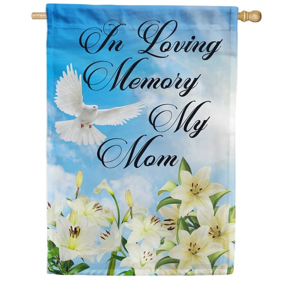 America Forever in Memory of Mom House Flag, 28 x 40 inches Double Sided, Lilies in Loving Memory Funeral Gifts Bereavement Memorial Flags for Grave Sympathy Outdoor Saying Dove Cemetery Flag