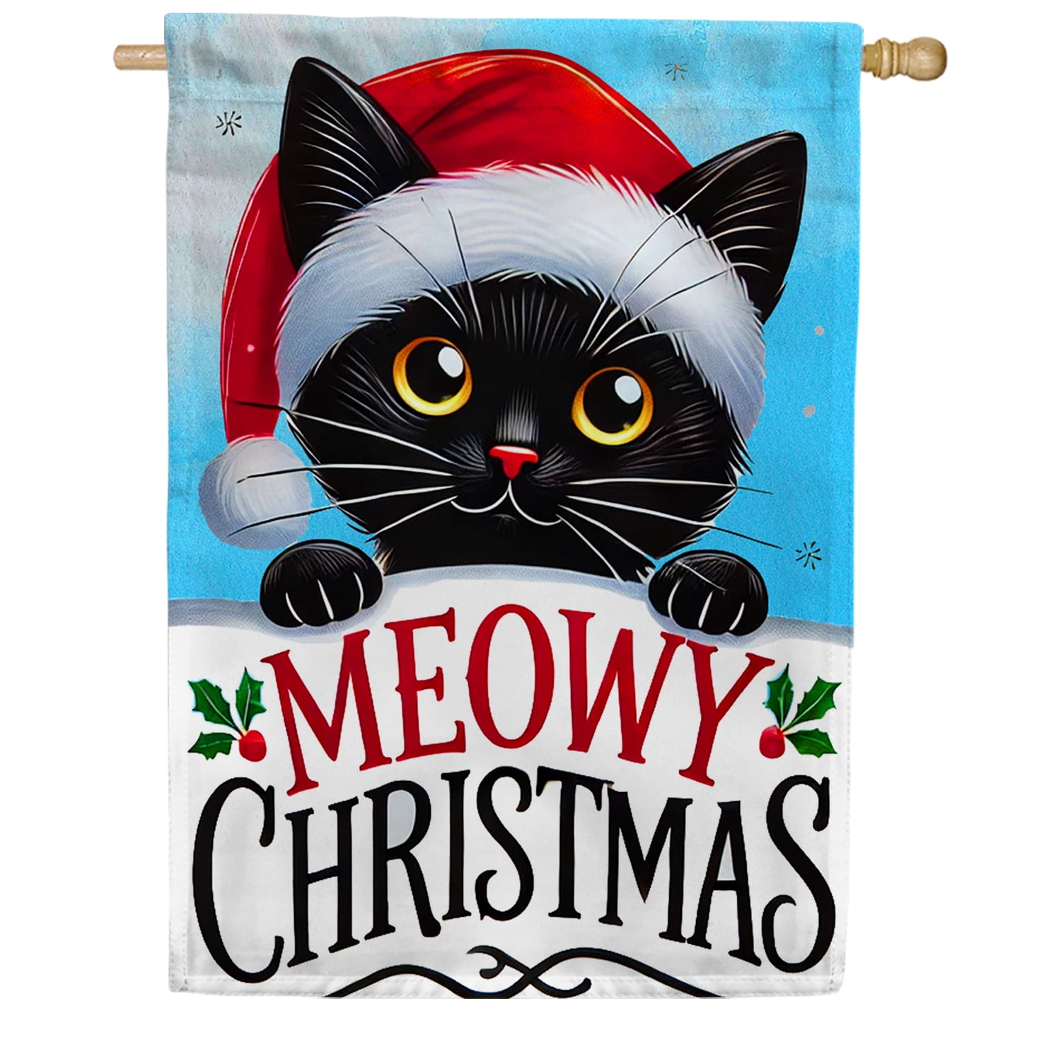 America Forever Meowy Christmas Cat House Flag, 28 x 40 inches Double Sided, Black Cat with Santa Hat, Cat Christmas Holiday Flag, Festive Winter Decor Outdoor Seasonal Flags for Yard, Lawn
