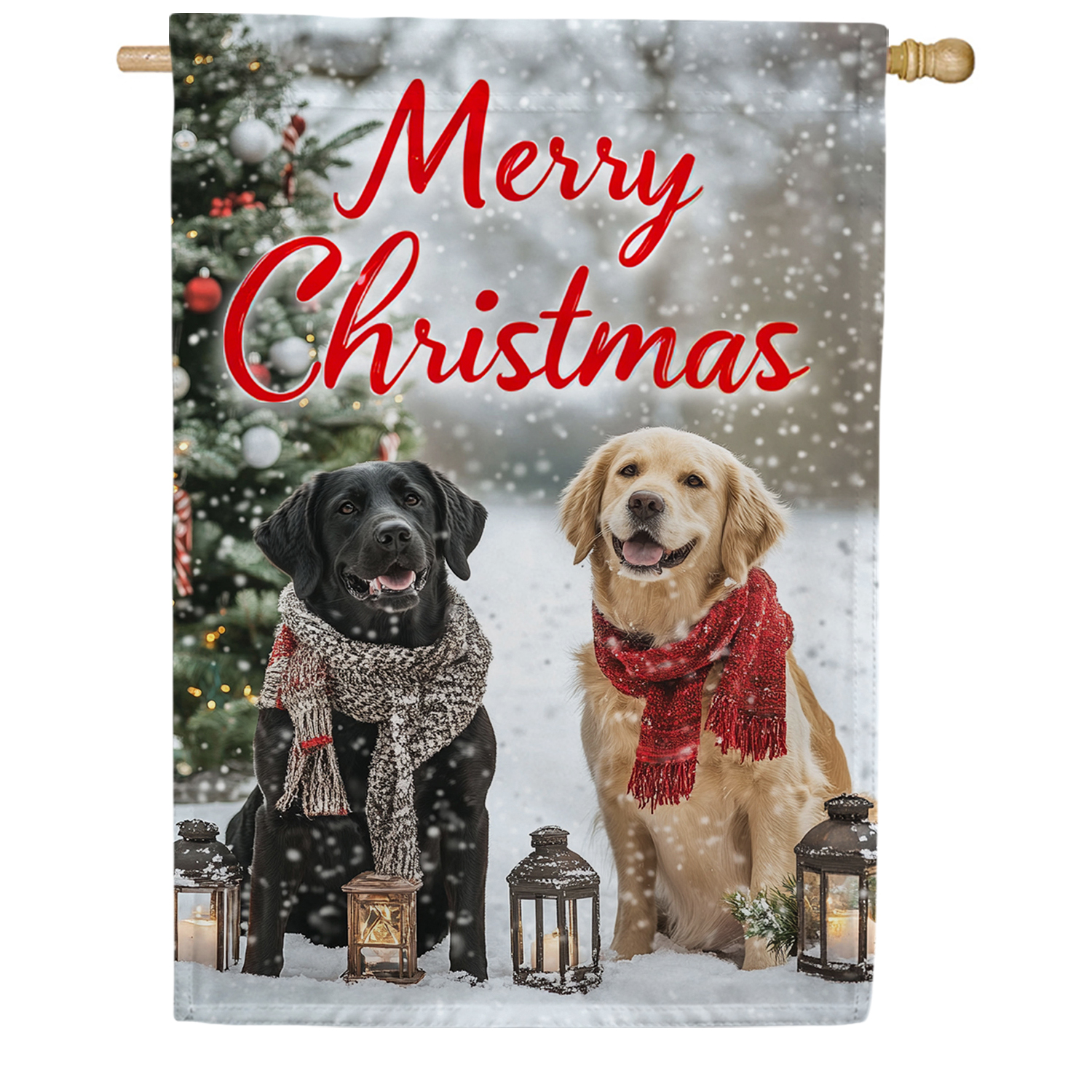 America Forever Merry Christmas Dogs House Flag, 28 x 40 inches Double Sided, Black Lab and Golden Retriever House Flag, Festive Winter Decor Outdoor Seasonal Flags for Yard, Lawn