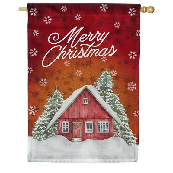 America Forever Merry Christmas House Flag 28 x 40 Inch Double Sided Outdoor Yard Decorations Vintage Christmas Holiday Snowflakes Cozy Snowy Winter Cabin Flag