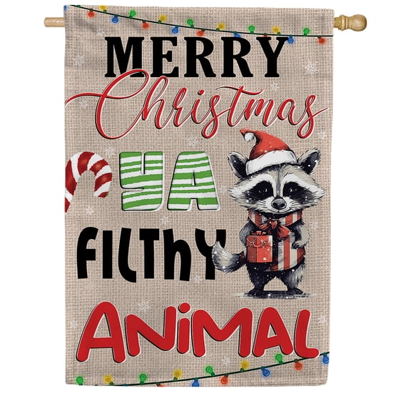 America Forever Merry Christmas Raccoon Filthy Animal House Flag, 28 x 40 inch Double Sided, Funny Quote Holiday Banner, Winter Outdoor Decor, Seasonal Yard Decoration Large Banner