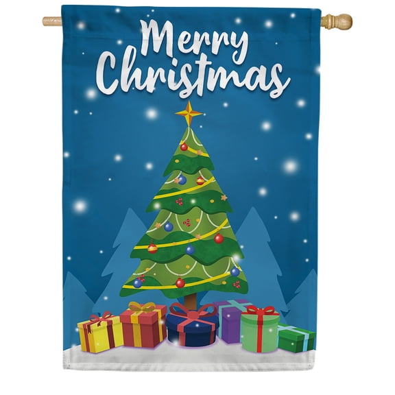 America Forever Merry Christmas Tree House Flag, 28 x 40 inch Double Sided, Holiday Presents Banner, Blue Background Festive Seasonal Outdoor Yard Decor