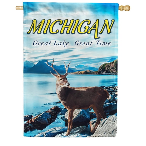 America Forever Michigan State House Flag- 28 x 40 inches - Michigan Majestic White-Tailed Deer USA Regional Yard Outdoor Decorative Double Sided Flag