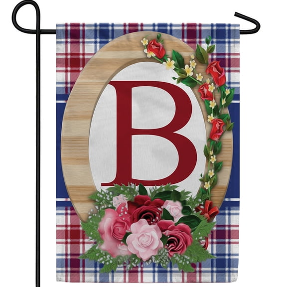 America Forever Monogram B Garden Flag, 12.5 x 18 inch Double Sided, Letter B with Roses, Floral Initial Flag, Plaid Background, Personalized Yard Decor