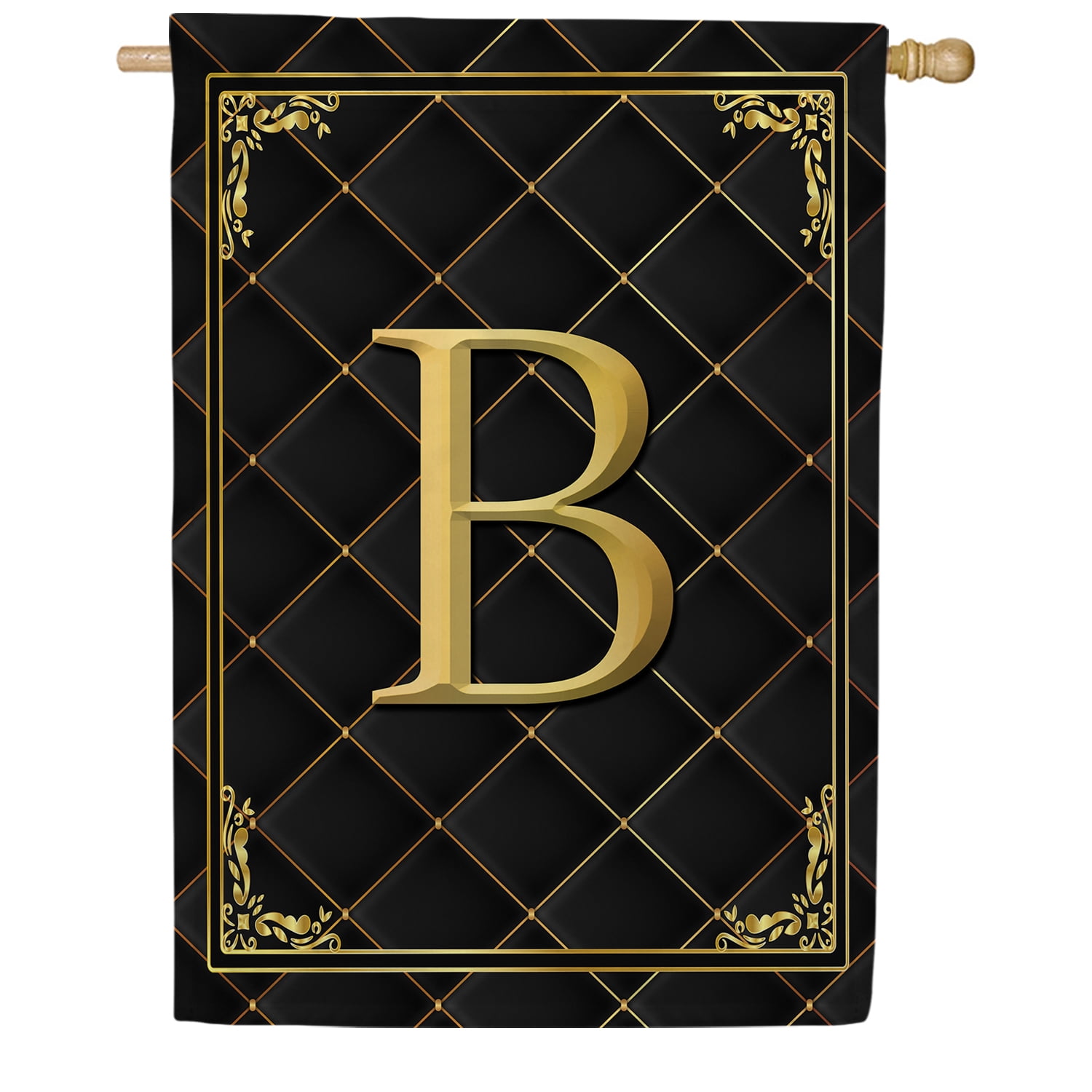 America Forever Monogram B House Flag, 28 x 40 inch Double Sided, Black Gold Quilted Design, Decorative Letter B Flag, Elegant Monogrammed Banner, Personalized Initial Outdoor Decor, Yard Flag