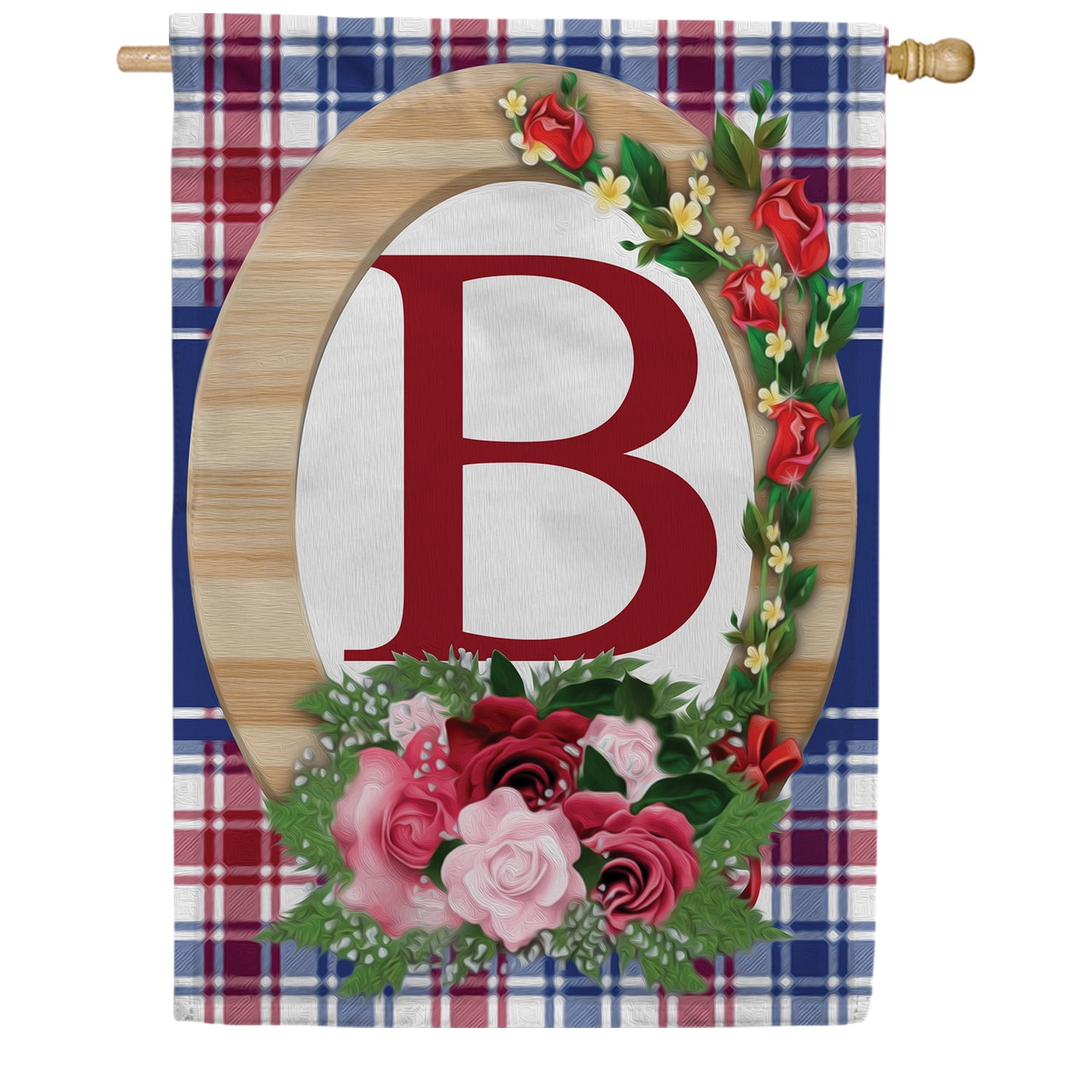 America Forever Monogram B House Flag, 28 x 40 inch Double Sided, Letter B with Roses, Floral Initial Flag, Plaid Background, Personalized Yard Decor