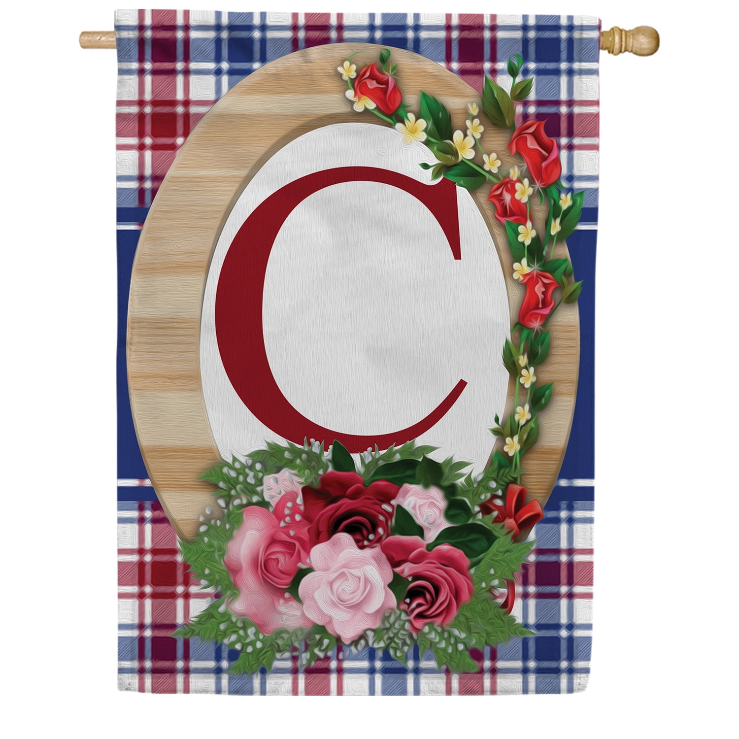 America Forever Monogram C House Flag, 28 x 40 inch Double Sided, Letter C with Roses, Floral Initial Flag, Plaid Background, Personalized Yard Decor