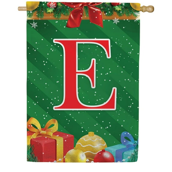 America Forever Monogram Christmas House Flag Letter E 28 x 40 inch Double Sided Merry Christmas Gifts Presents Ornament Ball Winter Farmhouse Red & Green Holiday Yard Outdoor Decoration