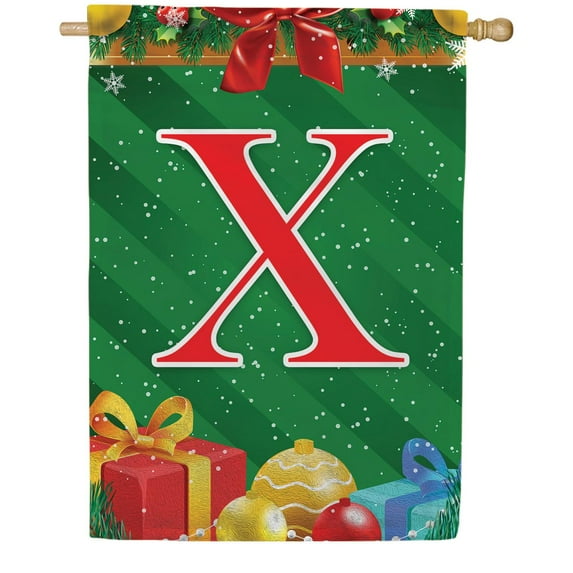 America Forever Monogram Christmas House Flag Letter X 28 x 40 inch Double Sided Merry Christmas Gifts Presents Ornament Ball Winter Farmhouse Red & Green Holiday Yard Outdoor Decoration