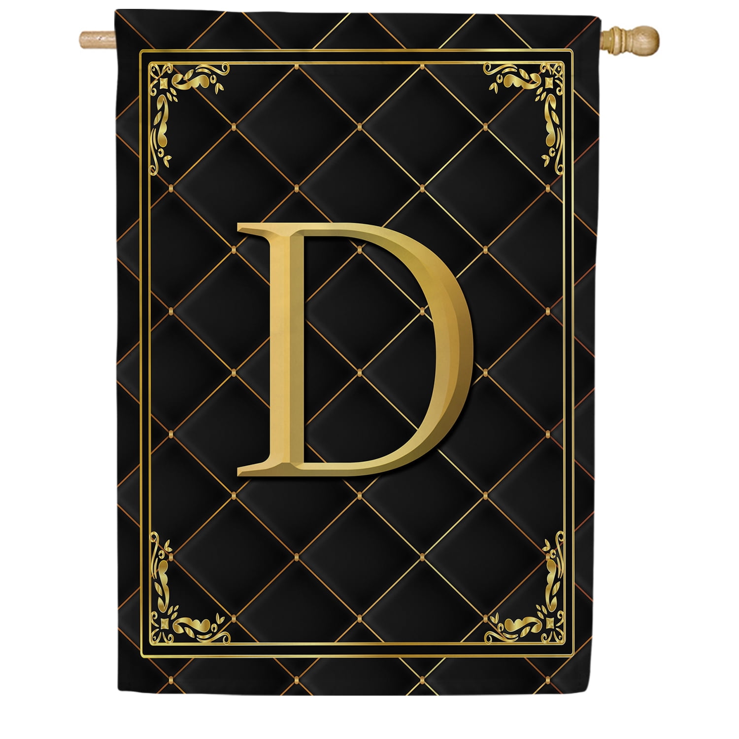 America Forever Monogram D House Flag, 28 x 40 inch Double Sided, Black Gold Quilted Design, Decorative Letter D Flag, Elegant Monogrammed Banner, Personalized Initial Outdoor Decor, Yard Flag