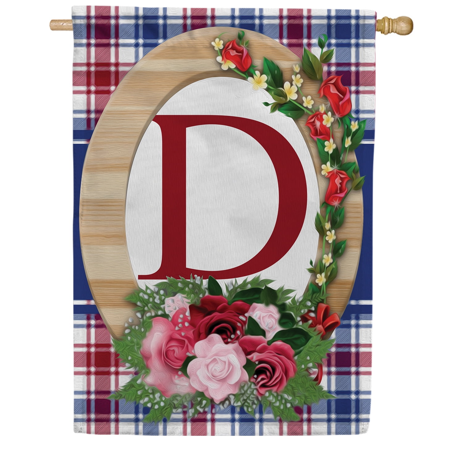 America Forever Monogram D House Flag, 28 x 40 inch Double Sided, Letter D with Roses, Floral Initial Flag, Plaid Background, Personalized Yard Decor