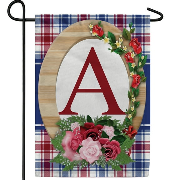 America Forever Monogram A Garden Flag, 12.5 x 18 inch Double Sided, Letter A with Roses, Floral Initial Flag, Plaid Background, Personalized Yard Decor