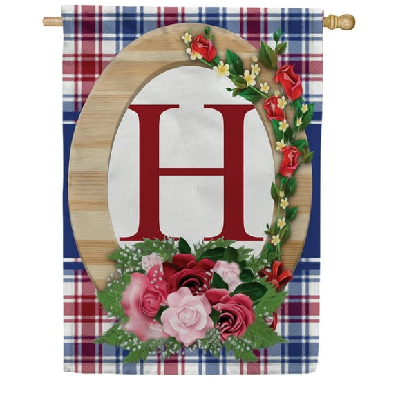 America Forever Monogram H House Flag, 28 x 40 inch Double Sided, Letter H with Roses, Floral Initial Flag, Plaid Background, Personalized Yard Decor