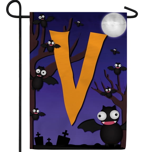 America Forever Monogram Halloween Bat Garden Flag 12.5 x 18 inches Letter V Double Sided Small Flags for Outside, Holiday Party Yard Outdoor Halloween Horror Nights Flag