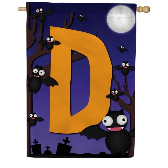 America Forever Monogram Halloween Bat House Flag 28 x 40 inches Letter D Double Sided Large Flags for Outside, Holiday Party Yard Outdoor Halloween Horror Nights Flag