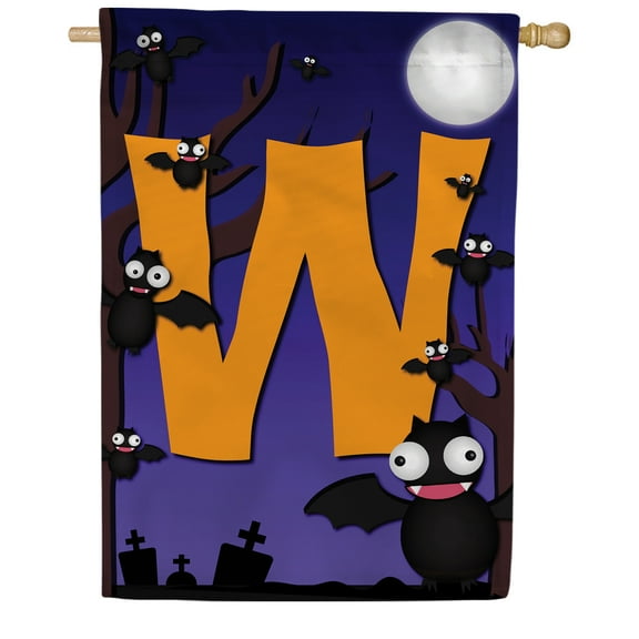 America Forever Monogram Halloween Bat House Flag 28 x 40 inches Letter W Double Sided Large Flags for Outside, Holiday Party Yard Outdoor Halloween Horror Nights Flag