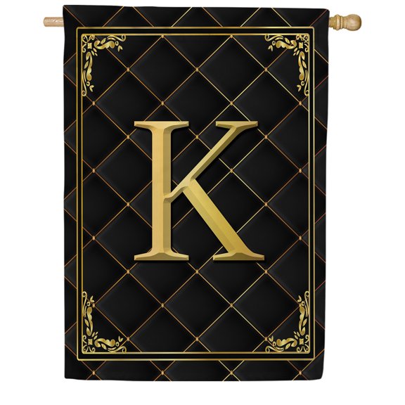 America Forever Monogram K House Flag, 28 x 40 inch Double Sided, Black Gold Quilted Design, Decorative Letter K Flag, Elegant Monogrammed Banner, Personalized Initial Outdoor Decor, Yard Flag