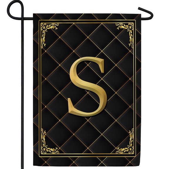 America Forever Monogram S Garden Flag, 12.5 x 18 inch Double Sided, Black Gold Quilted Design, Decorative Letter S Flag, Elegant Monogrammed Banner, Personalized Initial Outdoor Decor, Yard Flag