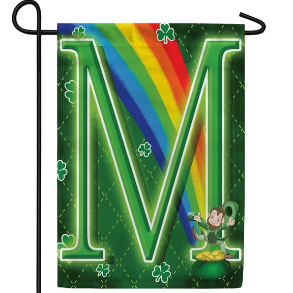 America Forever Leprechaun Rainbow Monogram M Garden Flag, 12.5 x 18 inch Double Sided, St Patrick's Day Irish Letter M Shamrock Pot of Gold Rainbow Outdoor Yard Decor