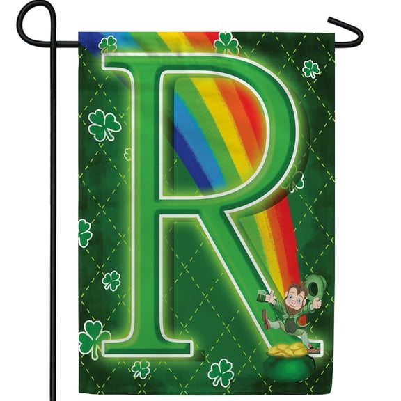 America Forever Leprechaun Rainbow Monogram R Garden Flag, 12.5 x 18 inch Double Sided, St Patrick's Day Irish Letter R Shamrock Pot of Gold Rainbow Outdoor Yard Decor