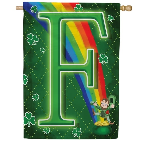 America Forever Leprechaun Rainbow House Flag Monogram F, 28 x 40 inch Double Sided, St Patricks Day Decor, Irish Lucky Charm Rainbow Shamrock, Spring Holiday Yard Decoration