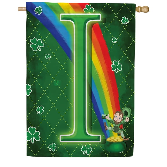 America Forever Leprechaun Rainbow House Flag Monogram I, 28 x 40 inch Double Sided, St Patricks Day Decor, Irish Lucky Charm Rainbow Shamrock, Spring Holiday Yard Decoration