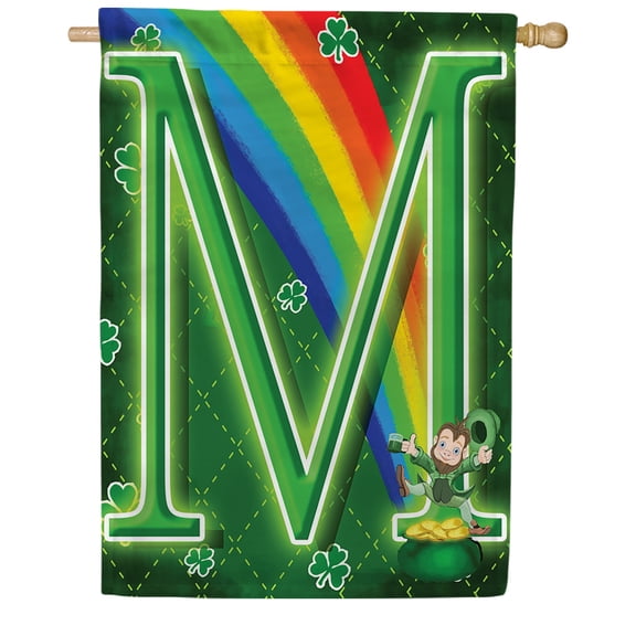 America Forever Leprechaun Rainbow Monogram M House Flag, 28 x 40 inch Double Sided, St Patrick's Day Irish Letter M Shamrock Pot of Gold Rainbow Outdoor Yard Decor