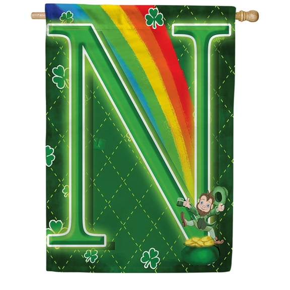 America Forever Leprechaun Rainbow House Flag Monogram N, 28 x 40 inch Double Sided, St Patricks Day Decor, Irish Lucky Charm Rainbow Shamrock, Spring Holiday Yard Decoration
