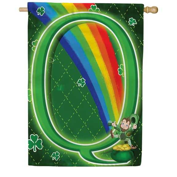 America Forever Leprechaun Rainbow House Flag Monogram Q, 28 x 40 inch Double Sided, St Patricks Day Decor, Irish Lucky Charm Rainbow Shamrock, Spring Holiday Yard Decoration