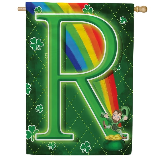 America Forever Leprechaun Rainbow Monogram R House Flag, 28 x 40 inch Double Sided, St Patrick's Day Irish Letter R Shamrock Pot of Gold Rainbow Outdoor Yard Decor